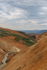 Rugged Icelandic Rhyolite Hills with Stream and Cloudy Sky