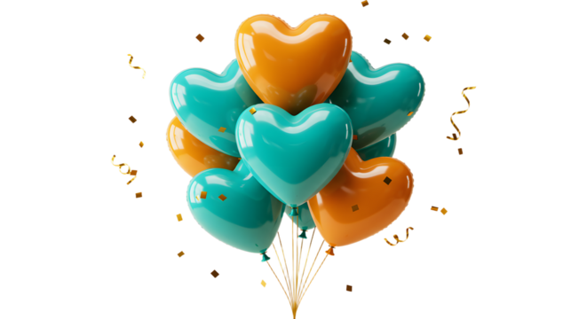 Colorful heart-shaped balloons in teal and orange with confetti and streamers on white background, festive decoration perfect for celebrations and parties