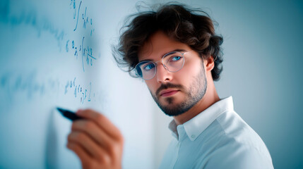 Young man with glasses writing mathematical formulas on whiteboard, focused and thoughtful in a modern academic setting
