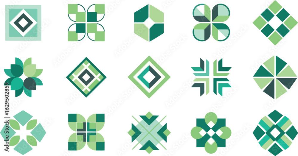 Poster vector art of collection of green and teal geometric abstract shapes and patterns isolated on white 