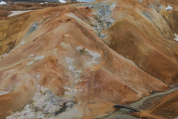 Geothermal Landscape with Rhyolite Hills and Wooden Staircase in Iceland