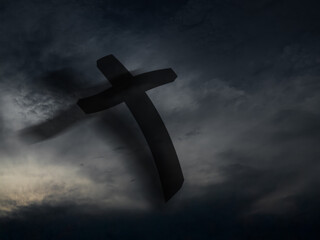 Cross christian god religion on dark sky background, jesus church worship pray catholic grace...