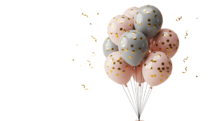 Pink and gray balloons with gold confetti and gold ribbon streamers for celebrations and parties