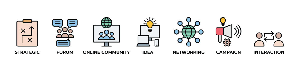 Collaborative Strategy Icons set vector illustration with Strategic, Forum, Online community, Idea, Networking, Campaign, Interaction 