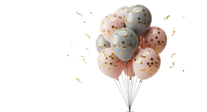 Pink and gray balloons with gold confetti and gold ribbon streamers for celebrations and parties