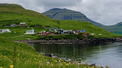 Breathtaking landscape of the Faroe Islands showcasing colorful houses and lush greenery