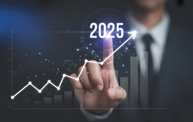 Reaching 2025: A professional figure interacts with a digital rising graph, emphasizing progress and goal-setting