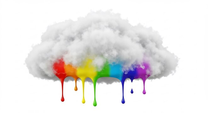 Regenbogenfarben tropfen langsam von weicher Wolke. AI Generated