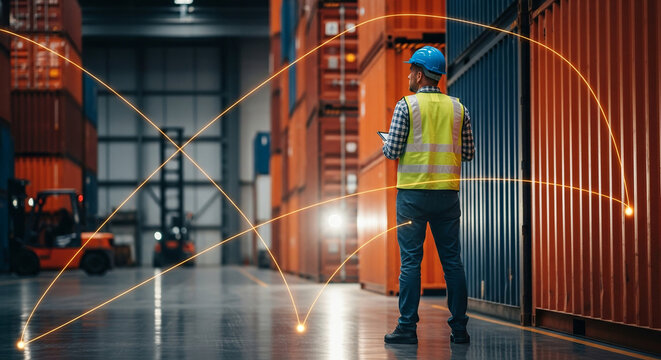 Logistics engineer overseeing a digitally connected supply chain network in a vast shipping container terminal.