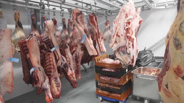 A butcher shop with a lot of meat hanging from the ceiling. The meat is hanging from hooks and is in various stages of preparation