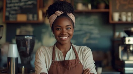 Smiling barista at a coffee shop, offering excellent customer service with a warm and welcoming attitude.