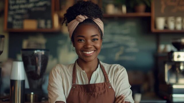 Smiling barista at a coffee shop, offering excellent customer service with a warm and welcoming attitude.