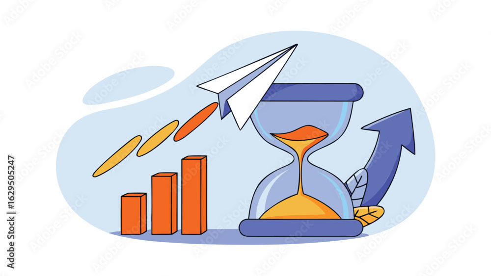 Poster illustration showing a paper airplane taking off with a graph and an hourglass with an arrow behind 