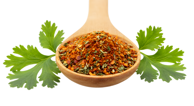 Wooden spoon with red chili flakes and green herbs surrounded by fresh parsley leaves, perfect for culinary and cooking themes