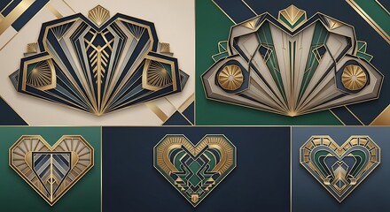 Elegant art deco hearts with geometric patterns and golden accents shine brightly