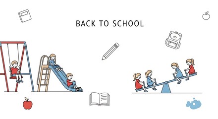 Children playing on playground equipment with back to school themed icons around them