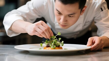 Chef meticulously garnishing a dish with fresh microgreens in a professional kitchen setting