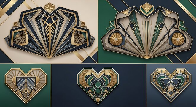 Elegant art deco hearts with geometric patterns and golden accents shine brightly