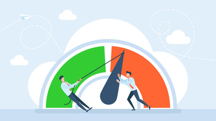 Reduce risk level or decrease stress anxiety meter. Push skill level, credit score or increase performance, improvement or effort to be better, excellent customer feedback review. Flat illustration