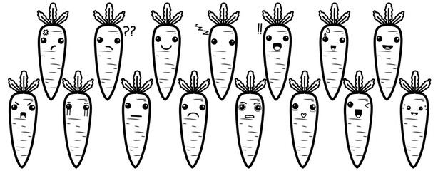 Cute carrot doodle character with various expressions and highlighted heart eyes, an outline black and white illustration set for stickers, emoji, and coloring books.
