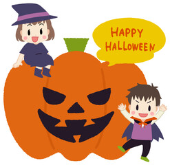 ハロウィンの仮装をした子供たちとカボチャのイラスト
