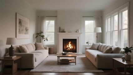 Fototapeta premium Cozy Living Room with Fireplace and Neutral Furniture