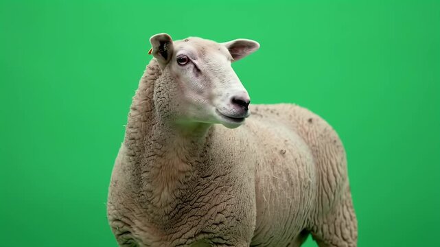 Curious Domestic Sheep Standing Against Vibrant Green Screen Background, Looking Right with Gentle Expression, Perfect for Easy Isolation and Compo...