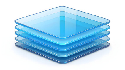 Stack of transparent blue glass layers in isometric view, modern 3D abstract concept on white background