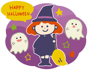 ハロウィンで魔女の仮装をした子供とおばけのイラスト