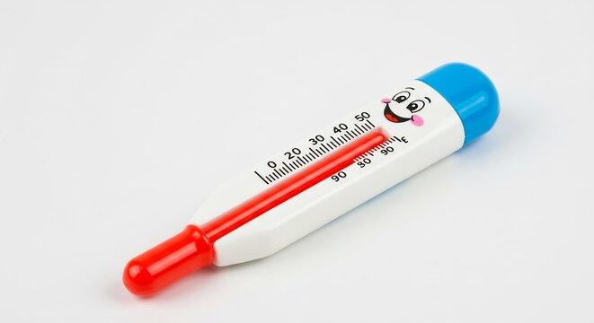 Fr�hliches Fieberthermometer zeigt Temperatur sanft an weiss Hintergrund. AI Generated