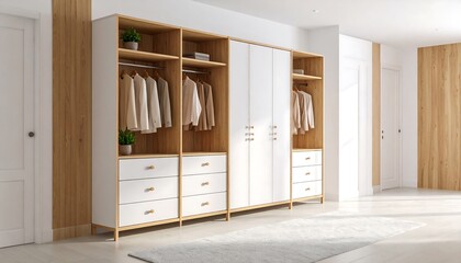 Interior showcase featuring a modern modular wardrobe in a bright, minimalist space