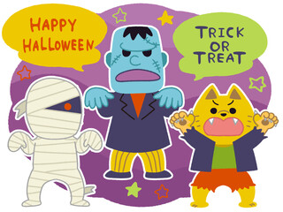 ハロウィンのかわいいモンスターたちのイラスト