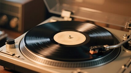A vinyl record spinning on a turntable with a stylus in place, set against a warm, indoor background.