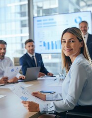 Confident Businesswoman at Meeting with Colleagues Analyzing Data Charts in Modern Office