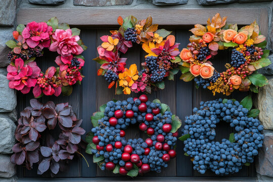 Fall wreaths with berries and leaves.