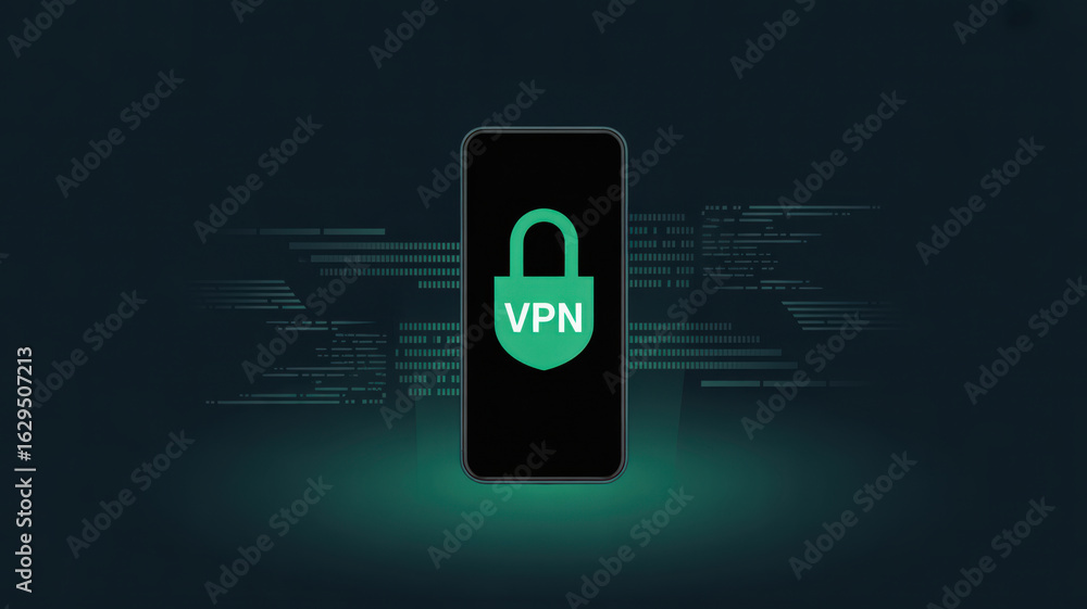 Poster vpn privacy safety smartphone concept. mobile device displaying vpn security features with digital e