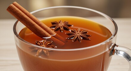 Warmer Gl�hwein duftet aromatisch Zimt Sternanis leuchtend goldenes Licht. AI Generated