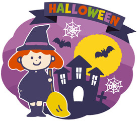 ハロウィンで魔女の仮装をした子供のイラスト