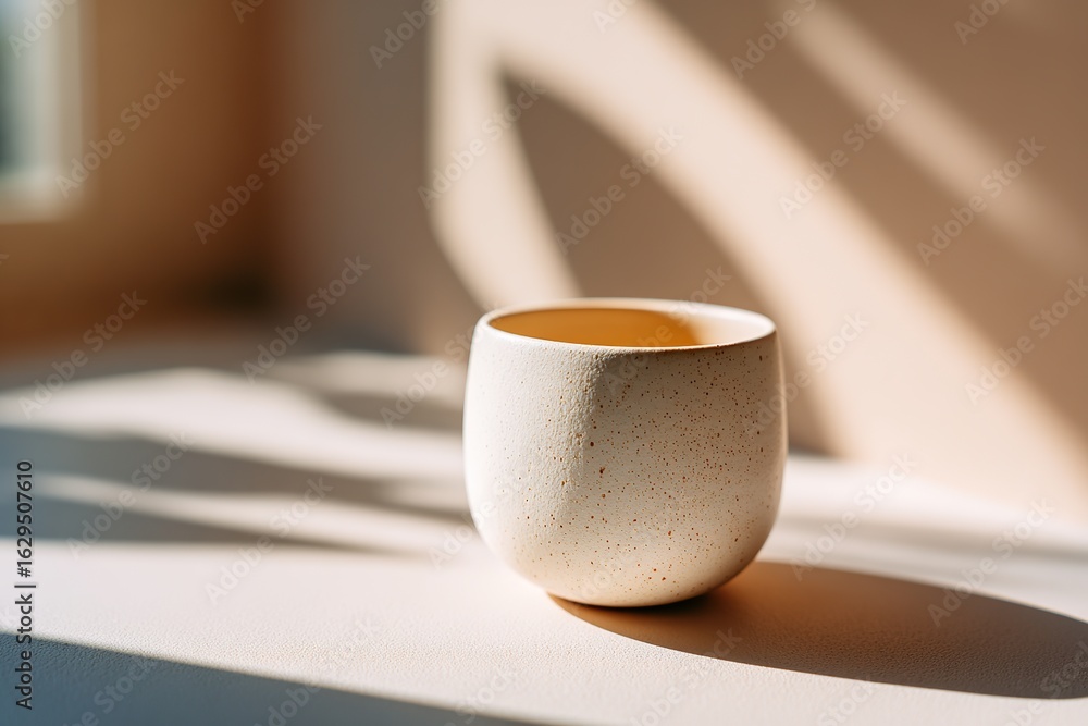 Aufkleber simple white ceramic cup resting on a sunlit table with soft shadow patterns