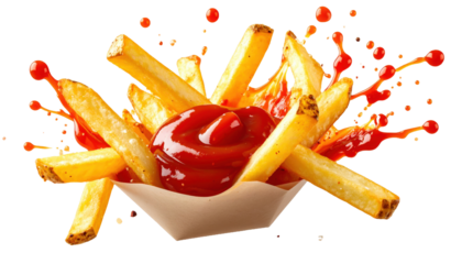floating Crispy Fries with Splashing Hot Chili Sauce in motion on white