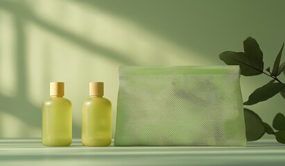 Empty green mesh bag with body care products mockup featuring two bottles and wooden cap on light background, natural daylight illumination with soft shadows for fresh advertising or packaging design