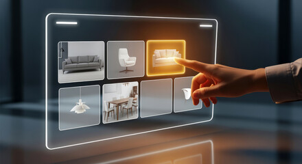 Digital catalog interface with human hand selecting furniture online for interior design inspiration. 
