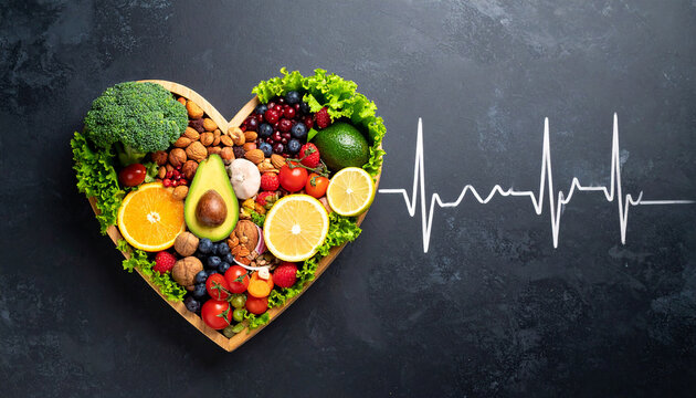 Healthy food in heart and cardiograph on blackboard medical abstract concept. 