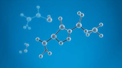 3d rendering of the chemical structure with molecules on blue background, macro view, close-up.