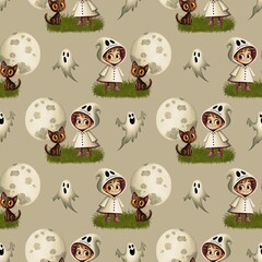 Naklejka premium Cute seamless pattern, a child in a ghost costume and pink boots, and a black cat with orange eyes against the background of a full moon.