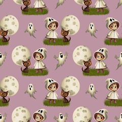 Cute seamless pattern, a child in a ghost costume and pink boots, and a black cat with orange eyes against the background of a full moon.