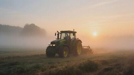 Tractor working in a misty field at sunrise