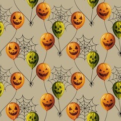 halloween seamless pattern, cute green and orange balloons with pumpkin face and spider web on beige background