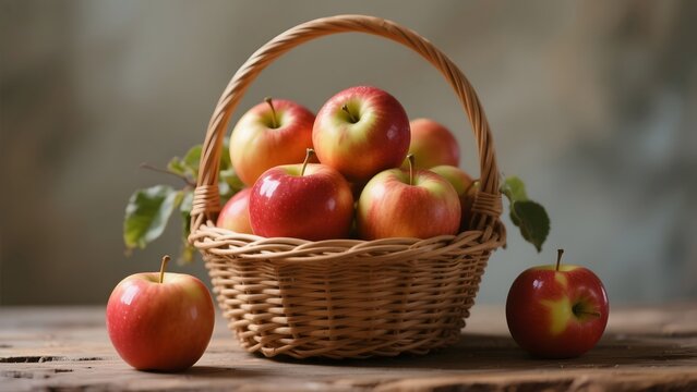 A wicker basket filled with fresh red apples on a rustic wooden table