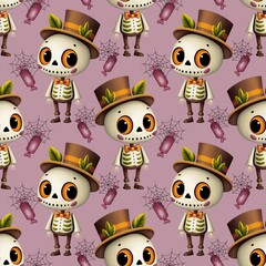 Halloween seamless pattern, cute skeleton in suit and hat with orange eyes, candies and spider web on pink background